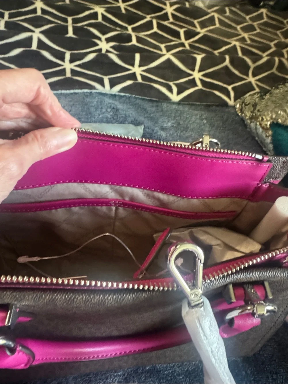 Michael Kors Brown & Hot Pink Signature Stripe Satchel - Picture 6 of 8